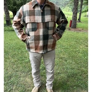 Woolrich Mens Plaid Wool Cruiser Jacket Large Brown Green Made in USA Zip Front